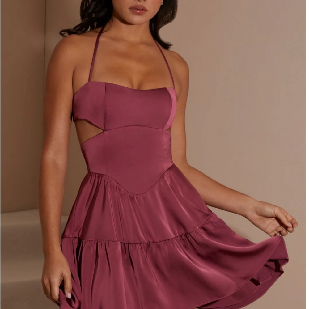 Oh Polly Mauve Pink Satin Halter Cutout Mini Dress